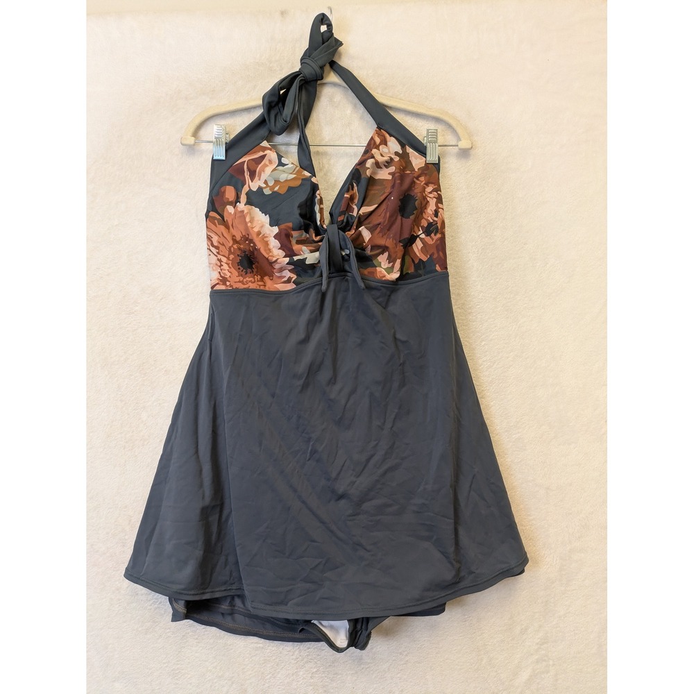 Cocoship Swimdress‎ Women's 20 Gray Floral Halter Neck Retro Plus Size Swimsuit